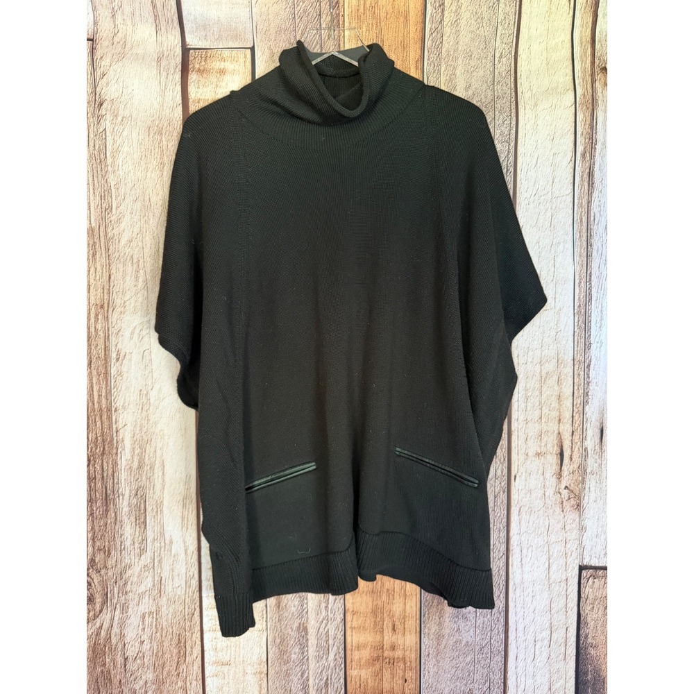 Theory Wool Poncho Sweater Minimalist Lambskin Leather Trim Black Petite Small